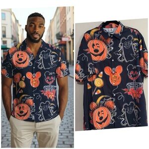 ALOHAS Black and Orange Halloween Men's Shirt Size XL Pumpkins Festive